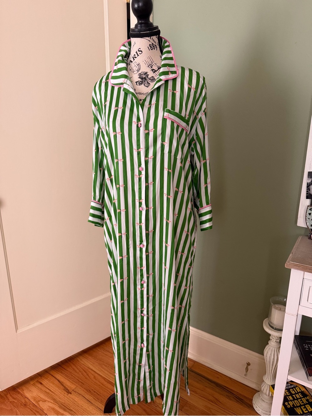 kate spade Green & White Striped Long Pajama Nightgown with Pink Trim